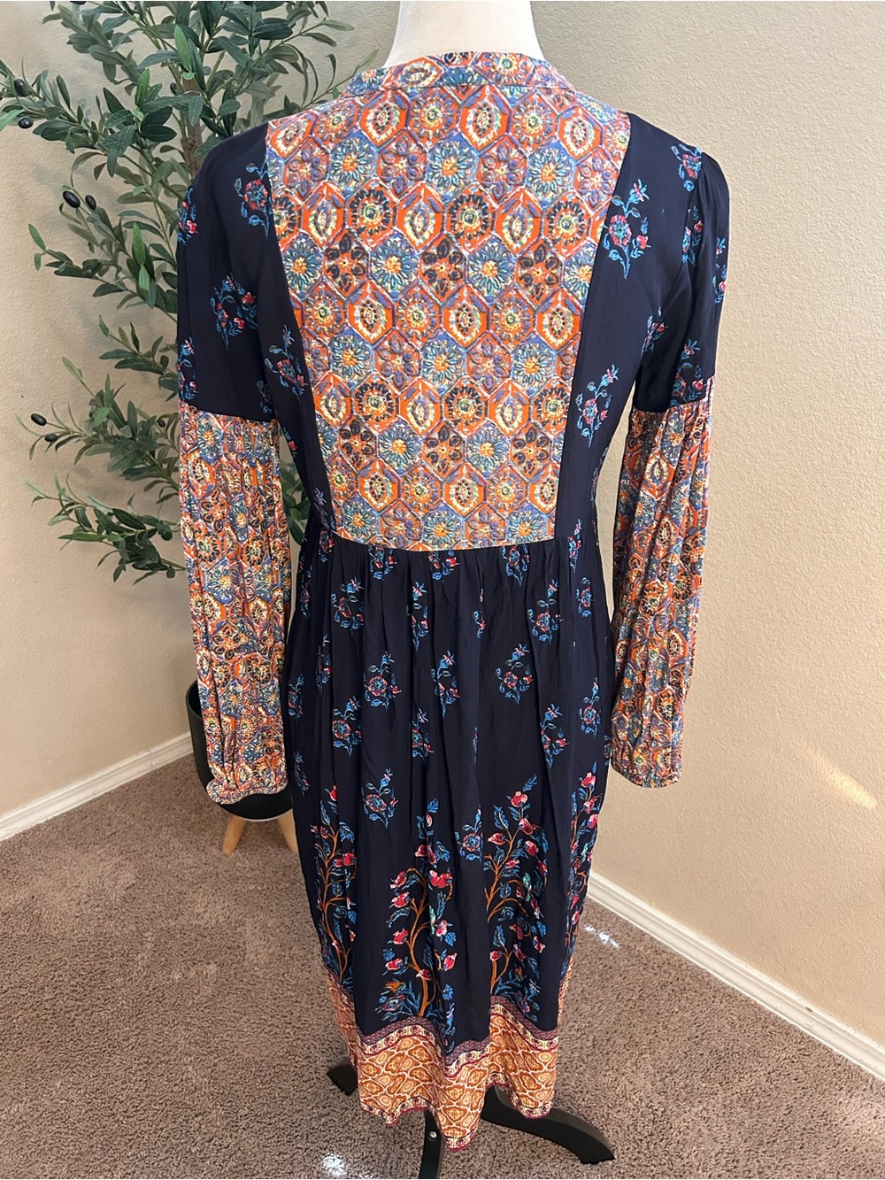 Soft Surroundings Navy Boho Patchwork Long-Sleeve Dress - Picture 4 of 10